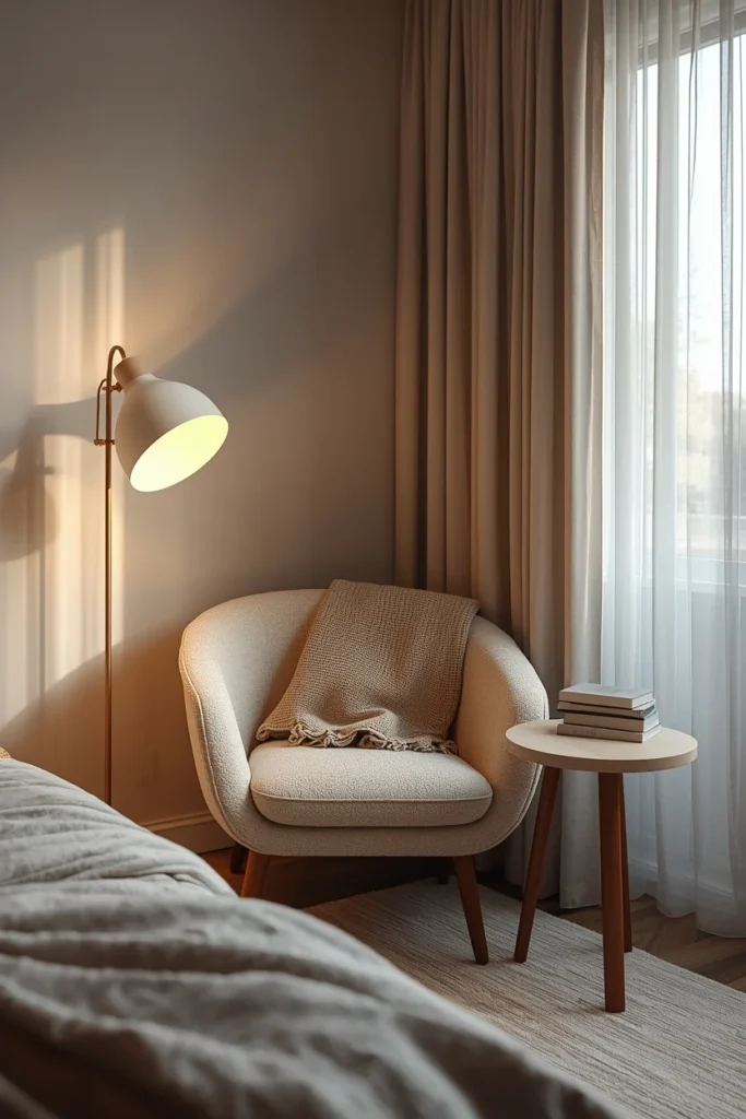 22 Beautiful Bedroom Ideas That Turn Your Room Into a Personal Sanctuary 8 bedroom corner, featuring a curved boucle armchair beside a floor lamp