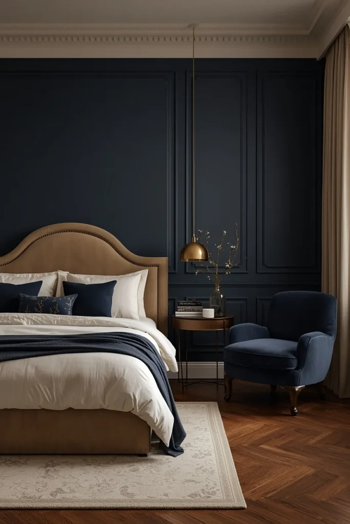 21 Bedroom Color Schemes That Make Your Room Feel Like a Boutique Hotel 8 Bedroom with deep navy matte walls, ivory bedding with warm brass headboard accent