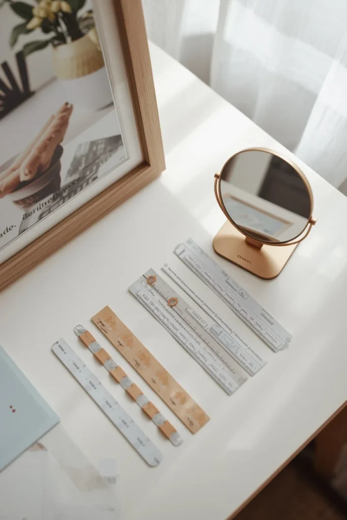 dorm room close-up, featuring an assortment of removable adhesive command strips 