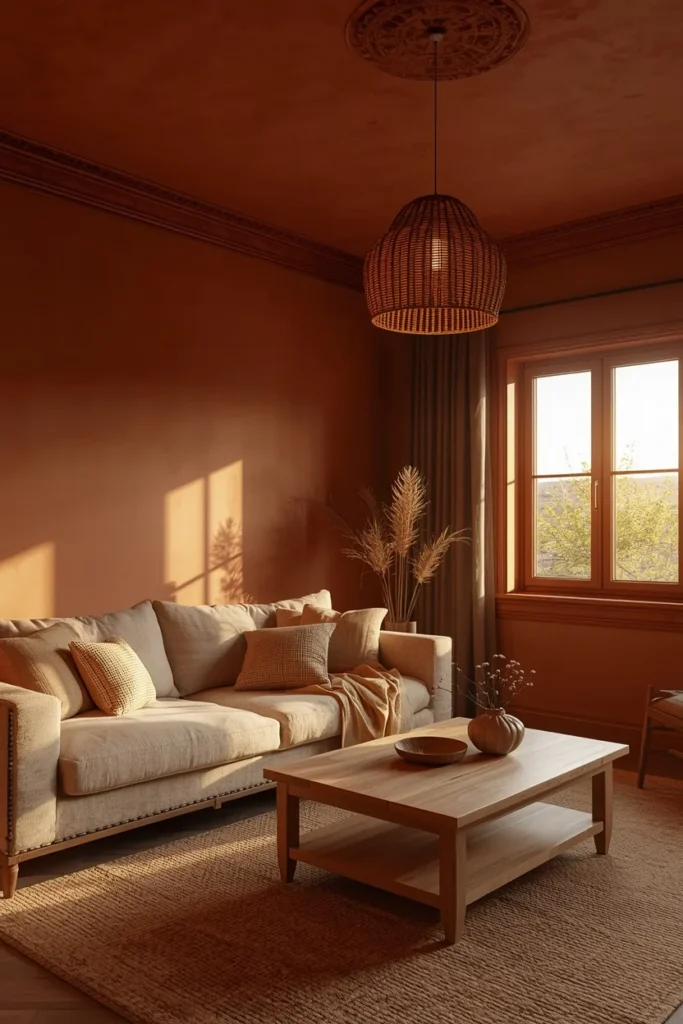  living room, featuring a burnt clay ceiling matching the walls and window trim, linen sofa 
