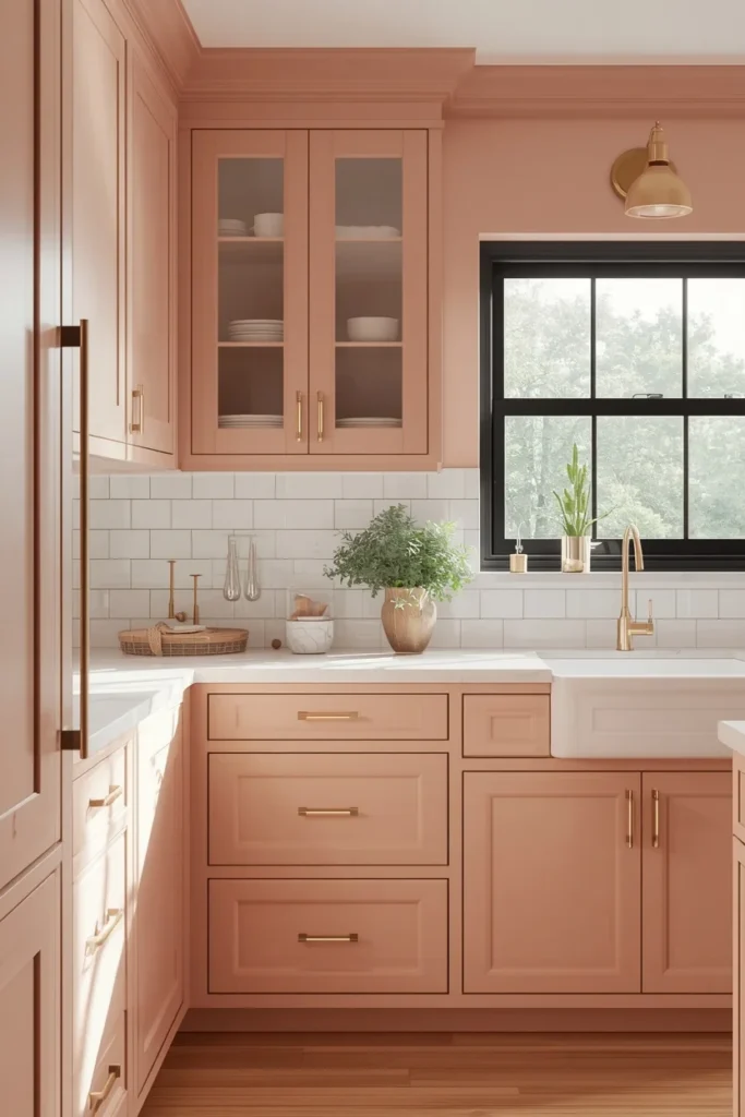  kitchen, featuring soft dusty blush pink cabinets, walls, and trim, brushed brass cabinet hardware, 
