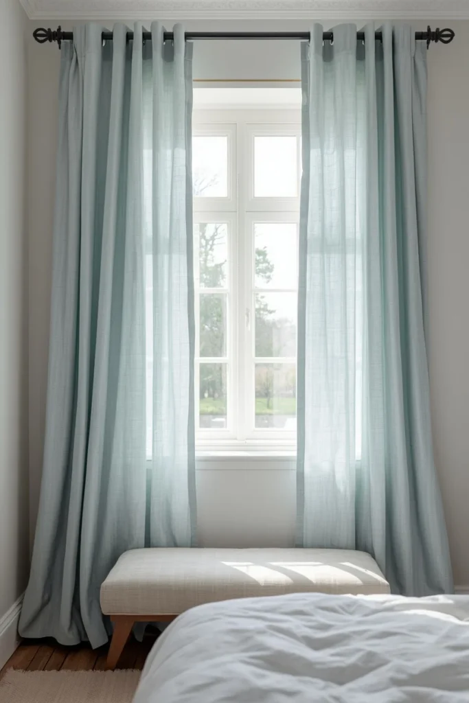 window styling shot, featuring soft pale blue linen curtains gently gathered at a bedroom window,