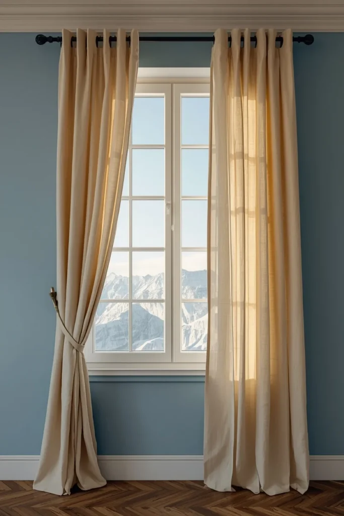  window styling, featuring warm cream linen curtains hanging from ceiling height, soft afternoon sunlight