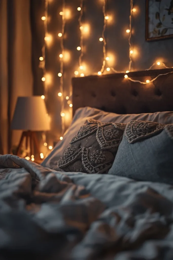 24 Cozy Bedroom Ideas That Make You Never Want to Leave Your Bed 8 bedroom close-up, featuring warm white fairy lights draped loosely