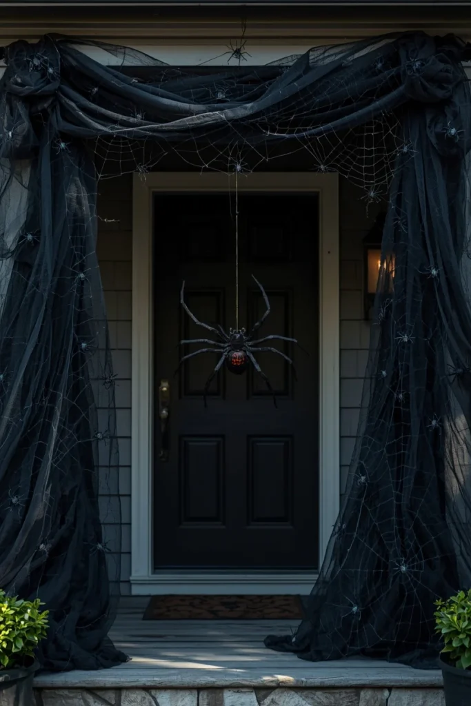 18 DIY Halloween Archway Ideas That Wow Trick-or-Treaters 8 porch archway, featuring loose black mesh fabric