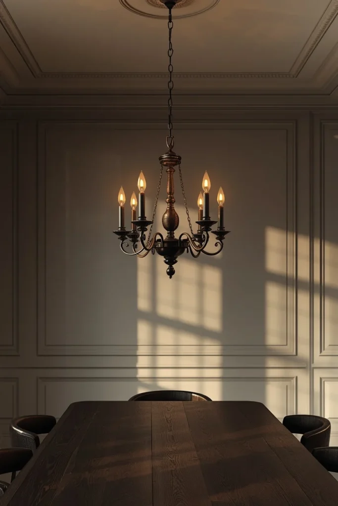 dining room, featuring an antique-style candelabra chandelier 