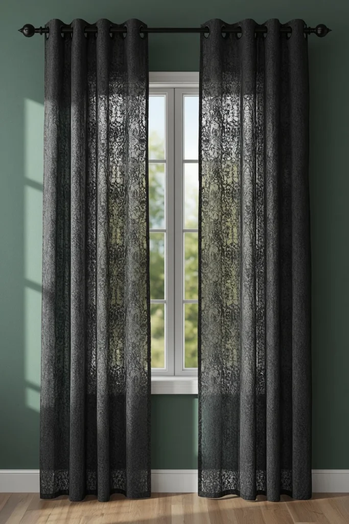 window styling, featuring deep charcoal lace curtain panels