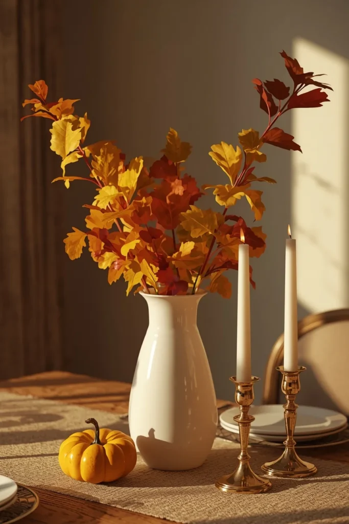 21 Fall Centerpiece Ideas That Take Minutes to Put Together (Easy + Budget-Friendly) 8 centerpiece detail shot, featuring a white milk glass vase filled with yellow and rust oak leaves
