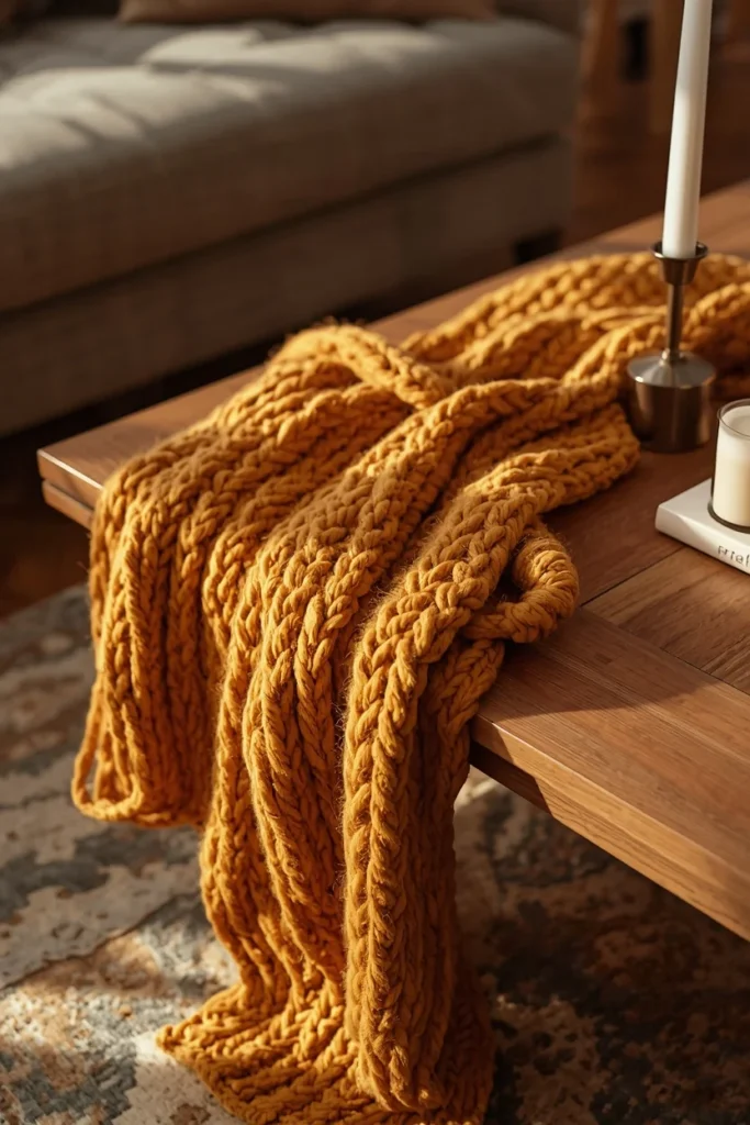 20 Fall Coffee Table Decor Ideas to Steal This Season 8 a chunky mustard-toned knit throw draped