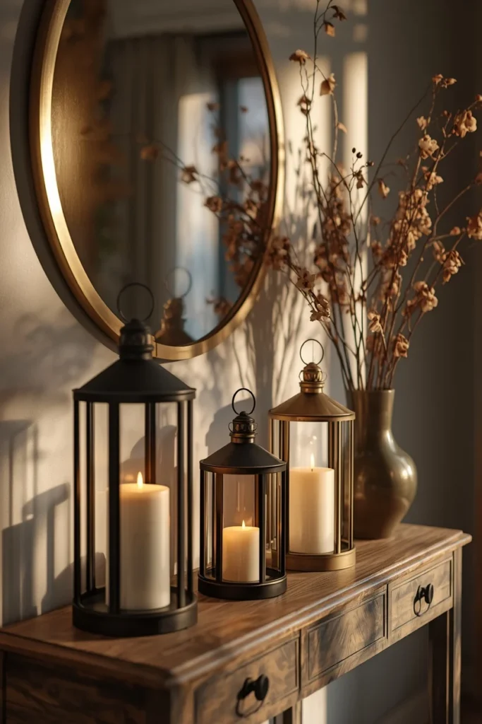 16 Fall Entry Table Decor Ideas That Wow Guests Instantly-Cozy Autumn Entryway Styling 8 entryway console table, featuring three metal lanterns in matte black and aged brass