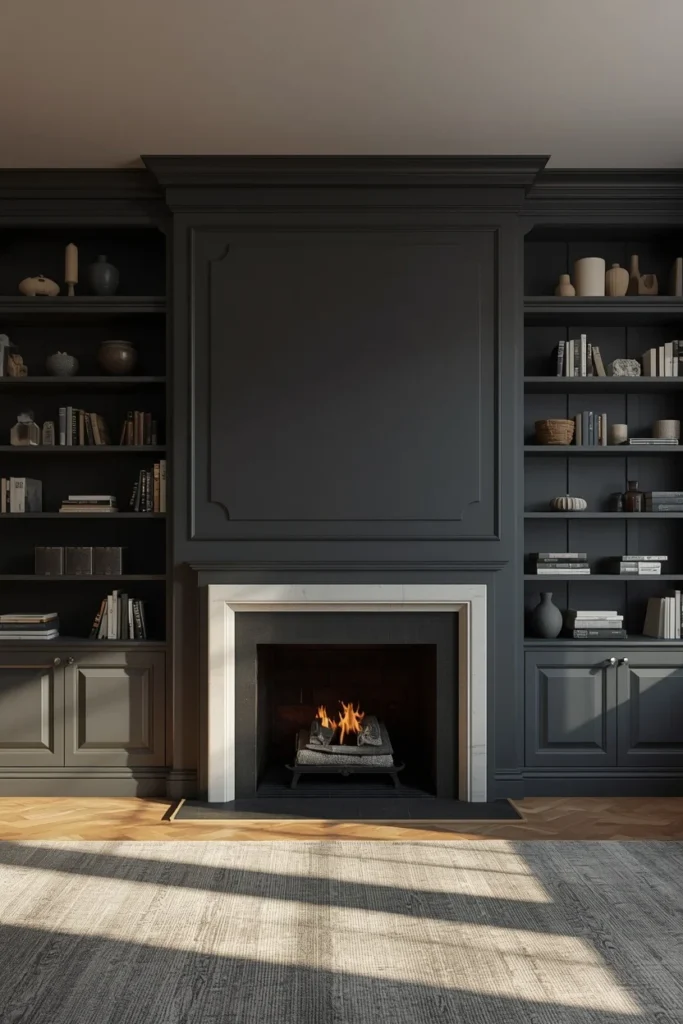  living room fireplace wall, featuring floor-to-ceiling built-in shelving 