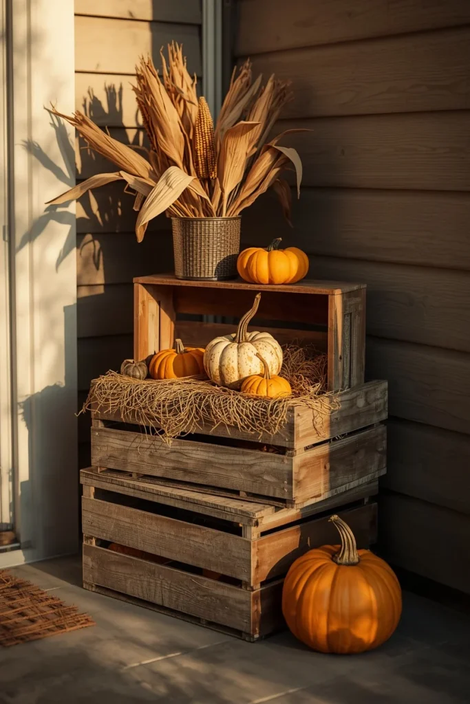  front porch corner, featuring staggered weathered wood crates