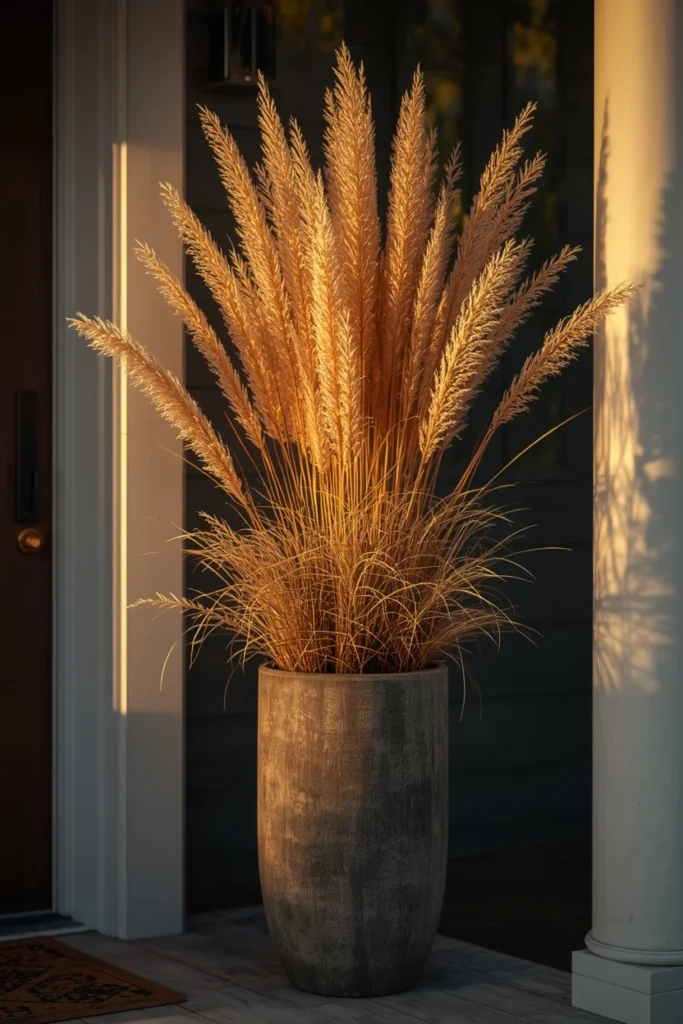 19 Fall Planter Ideas That Bring Instant Curb Appeal 8 front porch, featuring a narrow planter filled with golden ornamental grasses swaying gently,