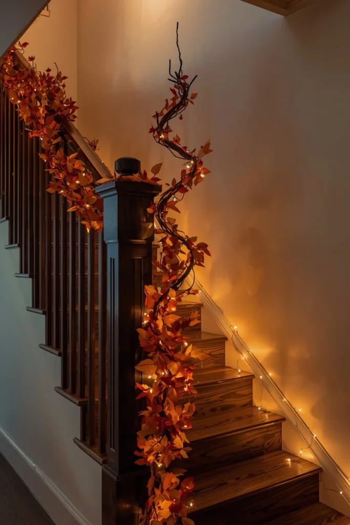 18 Fall Tree Ideas to Decorate Your Home Like a Magazine 8 staircase landing, featuring a slim faux tree wrapped in a spiraled autumn leaf garland