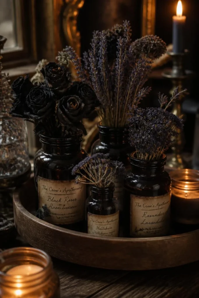 centerpiece, featuring dark glass apothecary bottles filled with dried black roses 