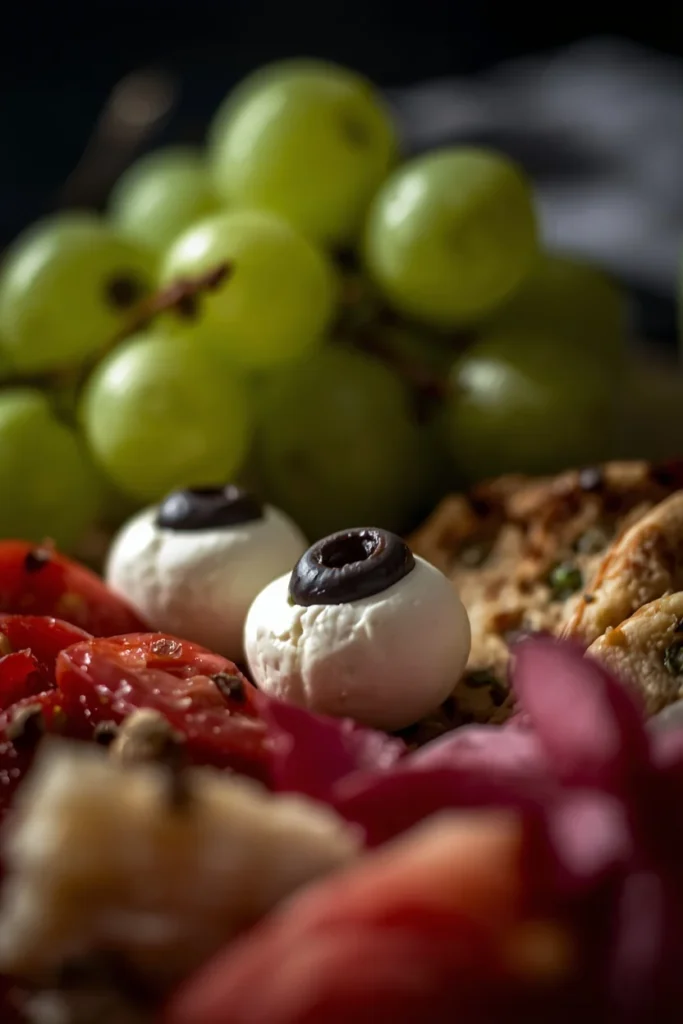  charcuterie board close-up, featuring green peeled grapes and small mozzarella balls 