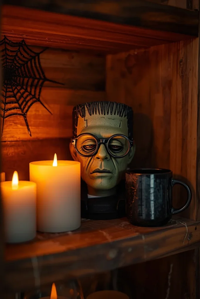  character-focused coffee bar shot, featuring a small Frankenstein bust figurine wearing round glasses