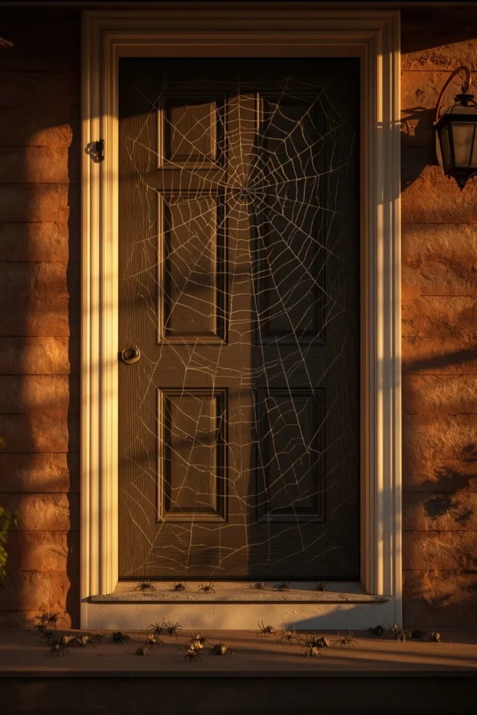  front door decorated for Halloween, featuring a large stretched spiderweb