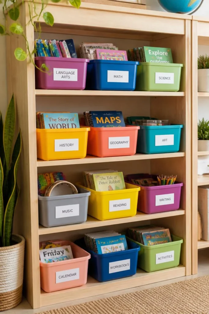 homeschool room, featuring color-coded labeled storage bins