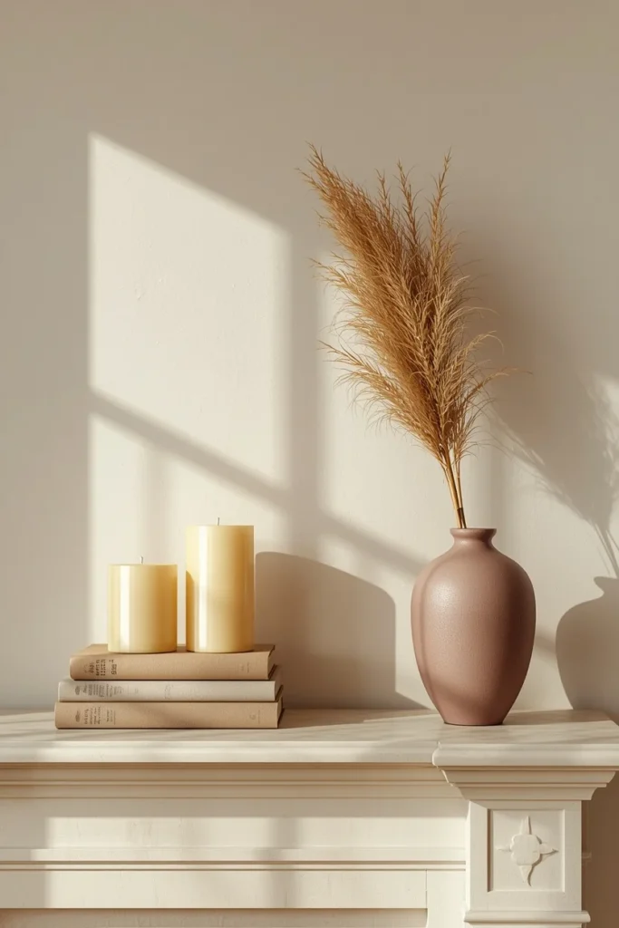15 Pink Fall Decor Ideas for a Softer Take on Autumn 8 living room mantel, featuring cream pillar candles of varying heights, a stack of muted-tone books