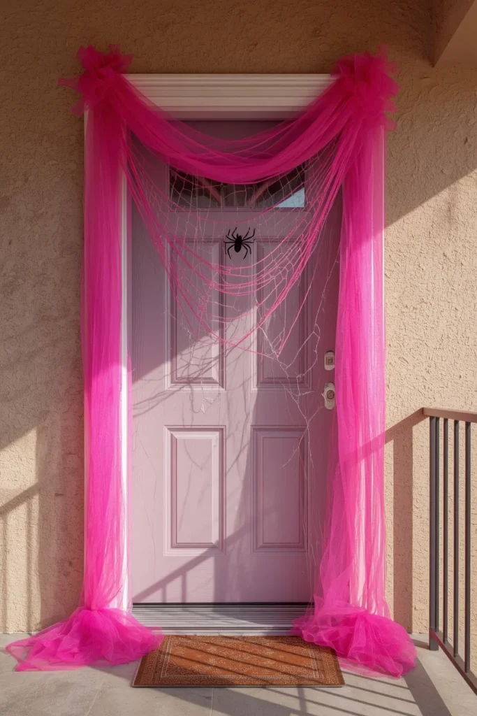  front door entryway, featuring hot pink tulle spiderweb draped
