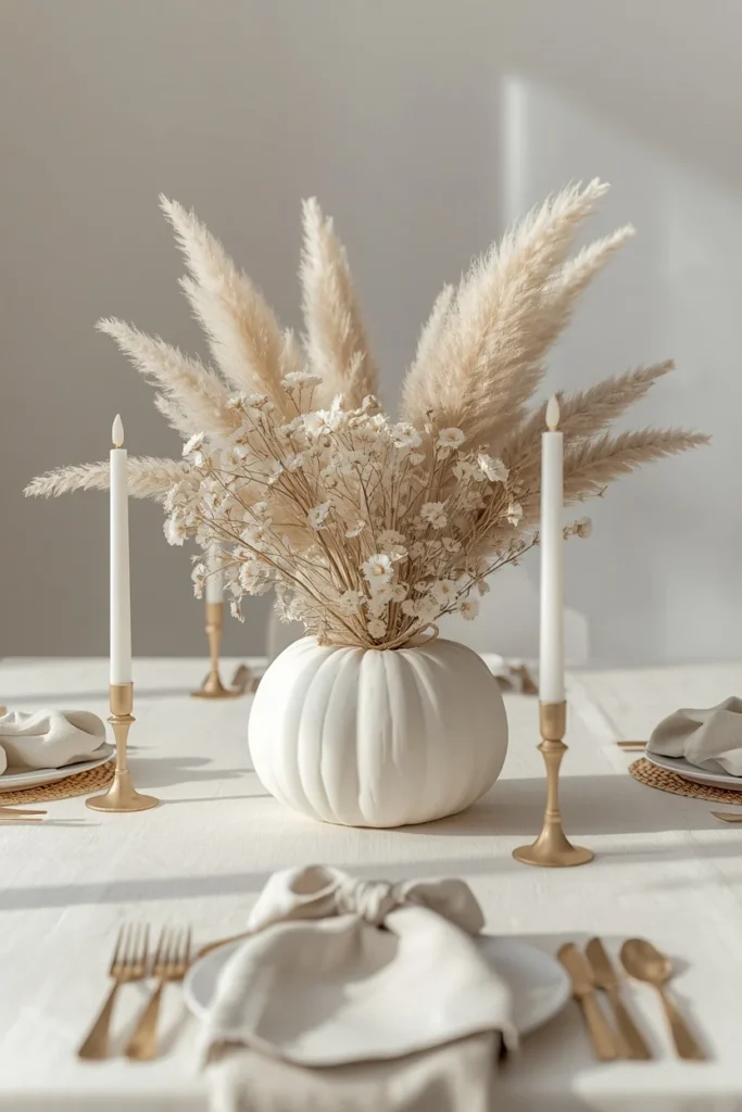 15 Pumpkin Floral Arrangement Ideas for Fall Tables That Feel Effortlessly Elegant 8 modern dining table, featuring a white pumpkin filled with pampas grass, dried lunaria, and cream everlasting flowers