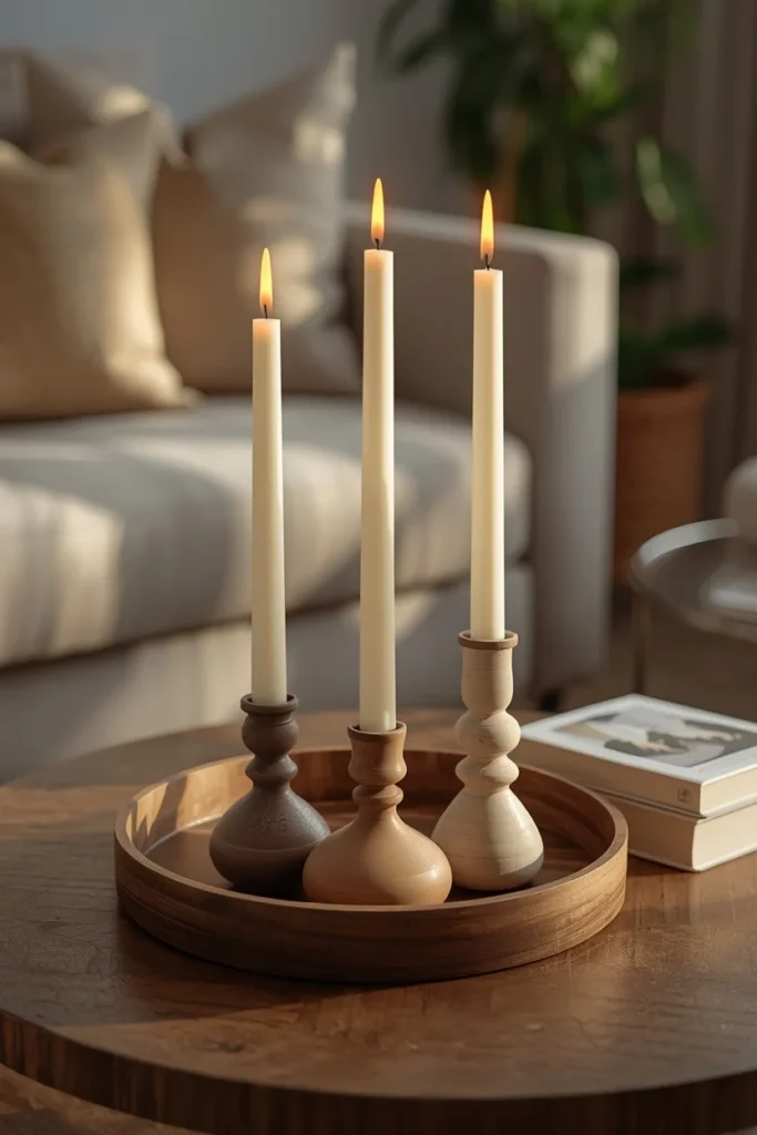 living room, featuring three tall taper candles in ceramic holders