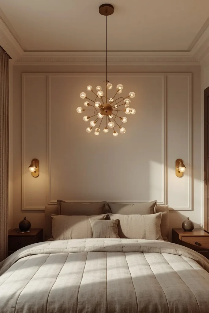 small bedroom, featuring a sculptural multi-arm orb pendant light hanging from the ceiling above the bed