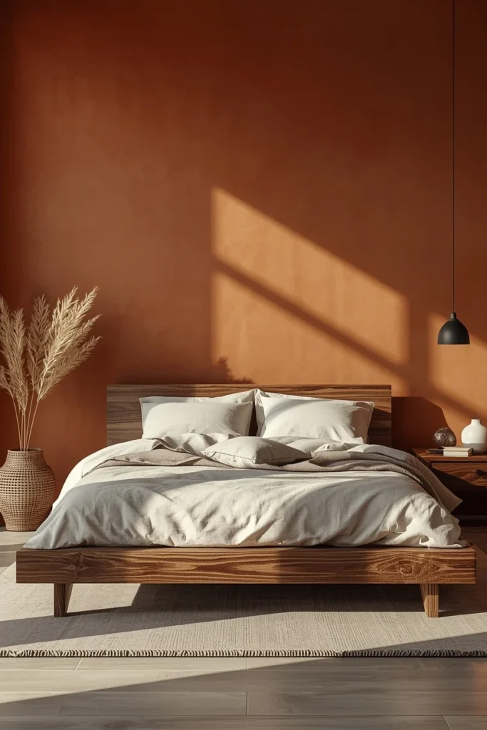23 Afrobohemian Bedroom Ideas for Warm, Earthy, Soul-Filled Nights 9 bedroom, featuring a low platform bed with hand-carved dark wood frame