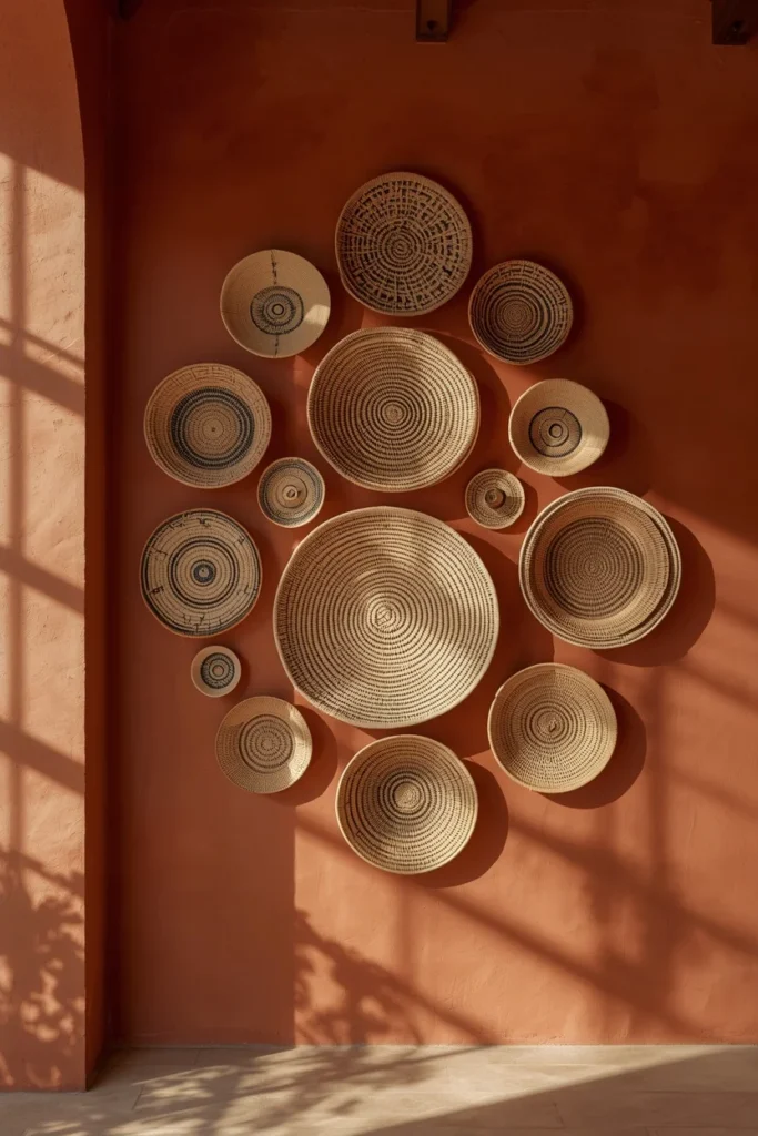  wall styling, featuring an asymmetrical cluster of handwoven patterned baskets in varying sizes