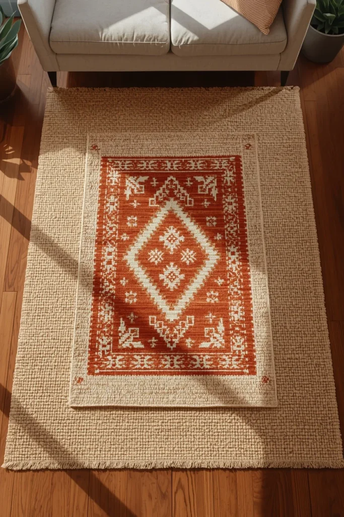  overhead-angle room shot, featuring a smaller terracotta and cream tribal-patterned rug