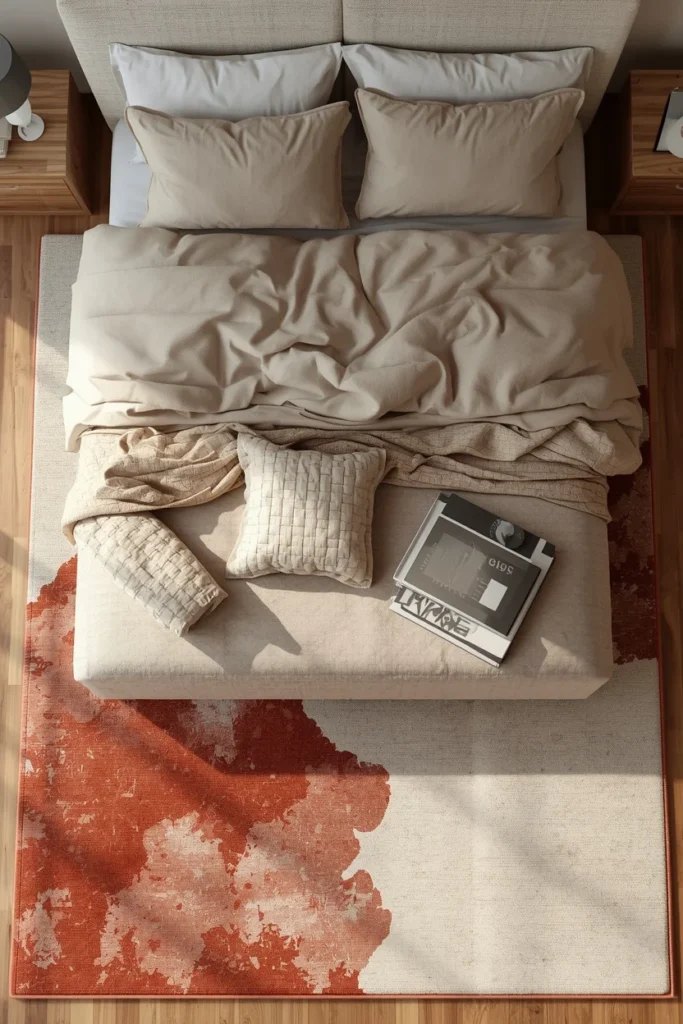 22 Beautiful Bedroom Ideas That Turn Your Room Into a Personal Sanctuary 9 bedroom, featuring a large illustrated abstract area rug in muted terracotta