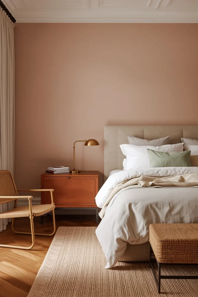 21 Bedroom Color Schemes That Make Your Room Feel Like a Boutique Hotel 9 Bedroom with soft plaster pink walls, tan leather bench, brushed brass table lamps