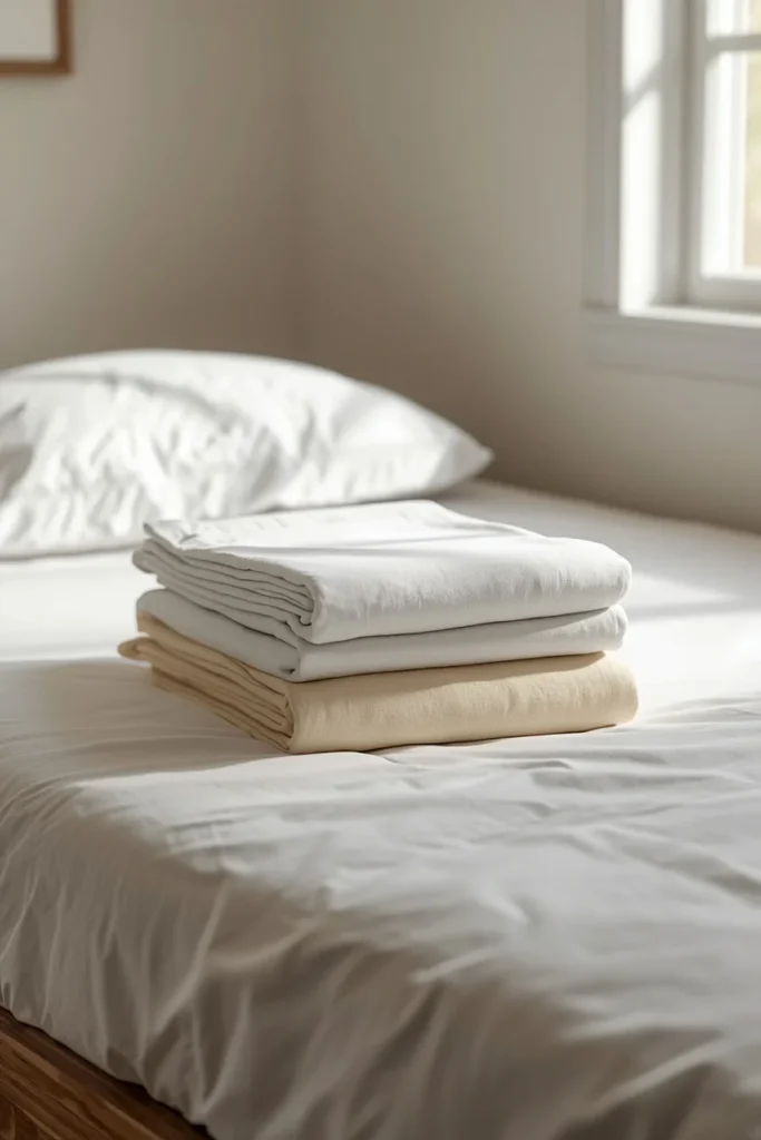 dorm room, featuring two folded sets of twin XL sheets 
