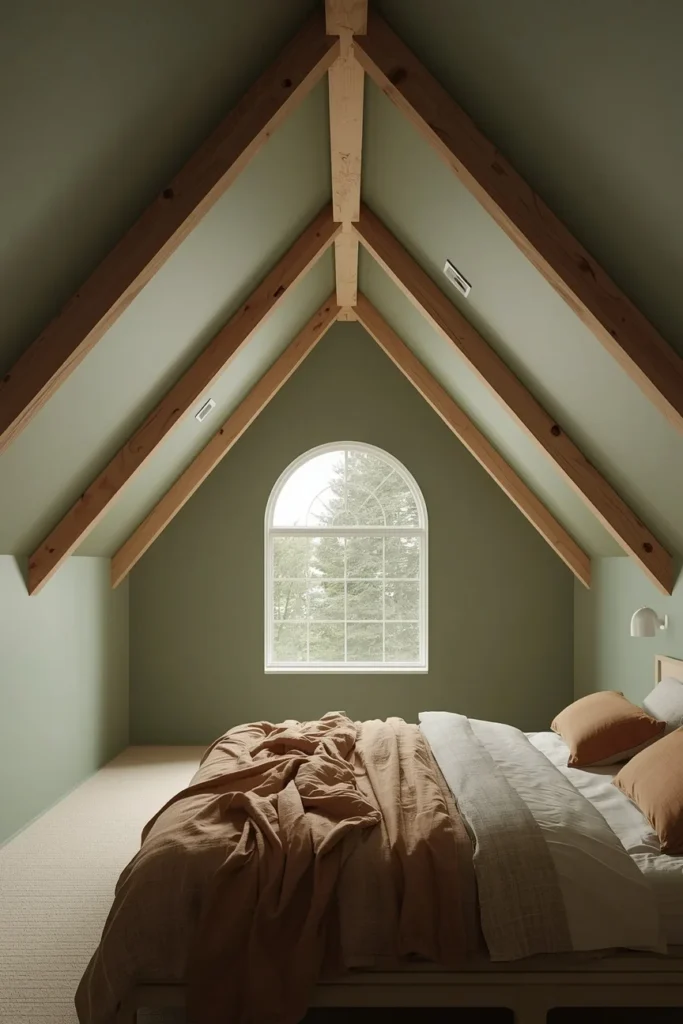  bedroom with vaulted ceiling, featuring eucalyptus green paint covering the sloped ceiling and walls,