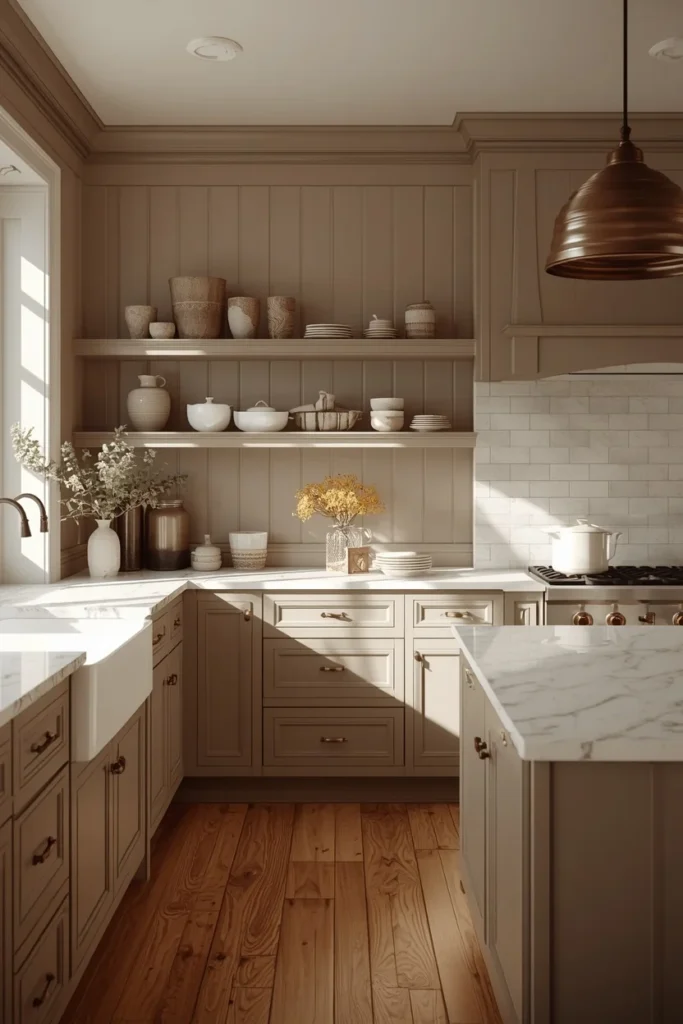  kitchen, featuring warm greige cabinets, walls, and trim, antique bronze hardware,