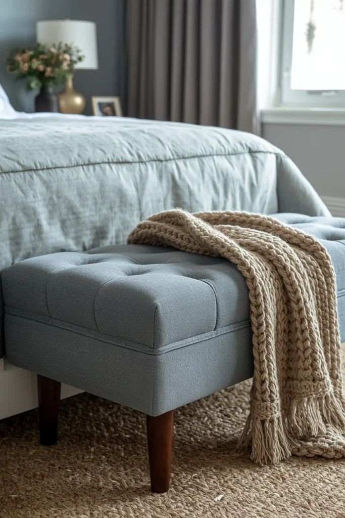  styling vignette, featuring a dusty blue boucle upholstered bench at the foot of a white bed frame 