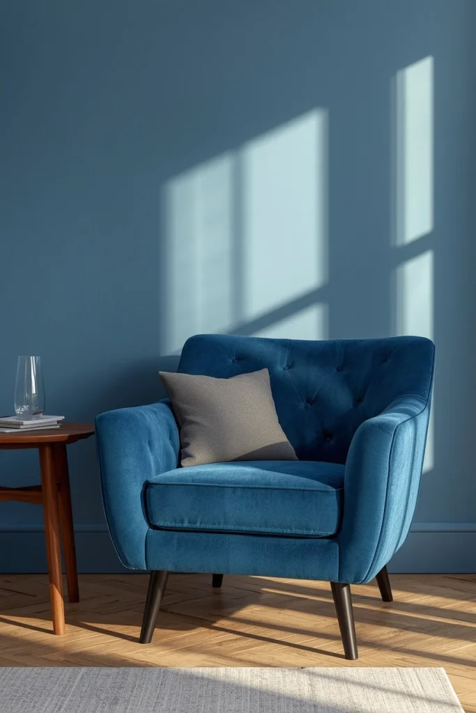  living room seating, featuring a deep blue velvet accent chair beside a walnut side table