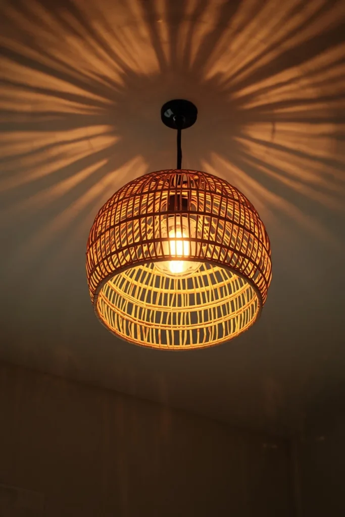 24 Cozy Bedroom Ideas That Make You Never Want to Leave Your Bed 9 bedroom ceiling close-up, featuring a woven rattan pendant light