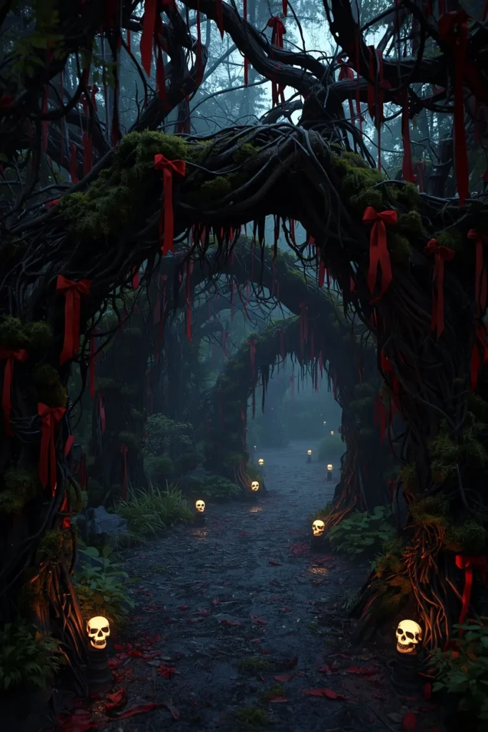 18 DIY Halloween Archway Ideas That Wow Trick-or-Treaters 9 haunted forest archway, featuring densely twisted blackened vines