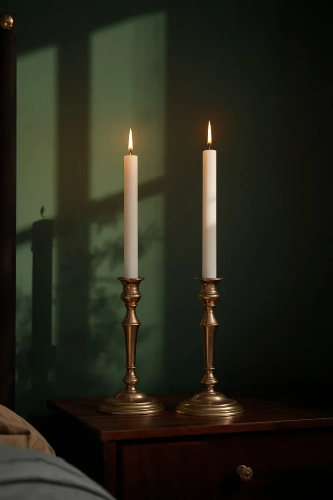 close-up, featuring a pair of aged brass candlestick holders