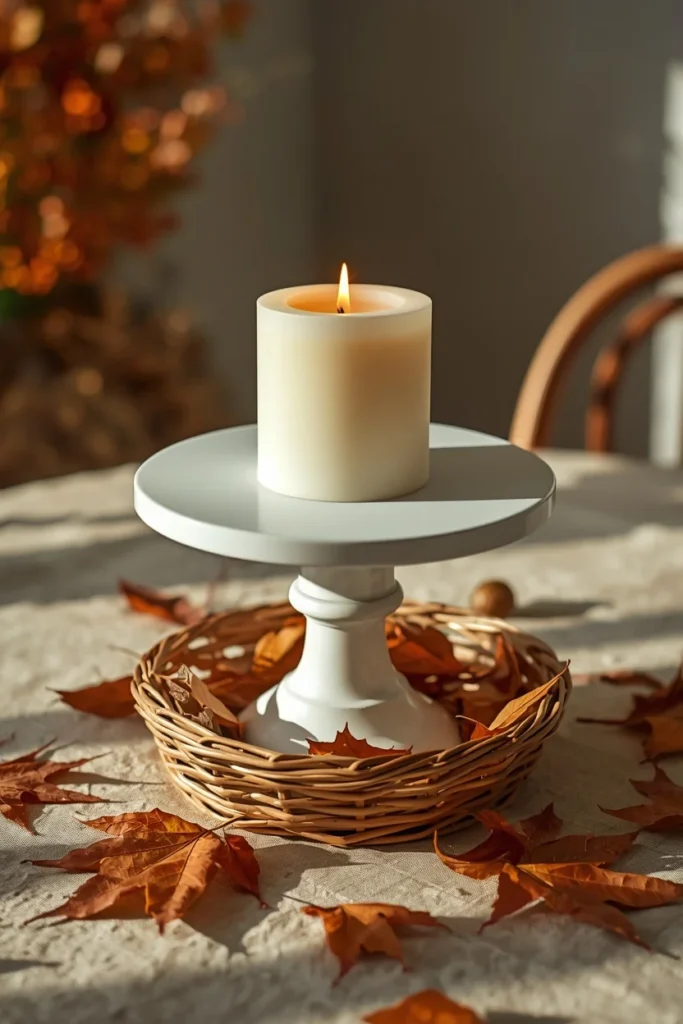 21 Fall Centerpiece Ideas That Take Minutes to Put Together (Easy + Budget-Friendly) 9 tiered centerpiece, featuring a white cake stand holding a lit pillar candle, set inside a woven basket base