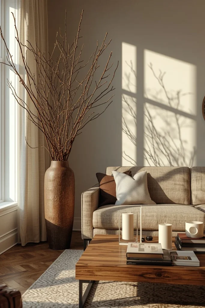20 Fall Coffee Table Decor Ideas to Steal This Season 9 living room, featuring a tall floor vase filled with dried bare branches