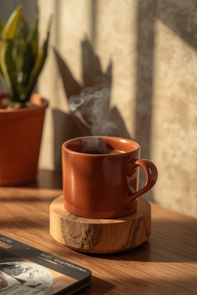 desk decor, featuring a small wood-toned mug warmer 