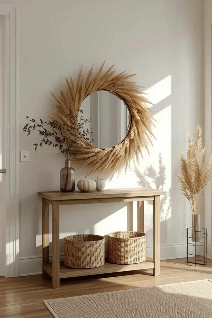 16 Fall Entry Table Decor Ideas That Wow Guests Instantly-Cozy Autumn Entryway Styling 9 entryway console table, featuring a round mirror layered with a dried wheat and grass wreath