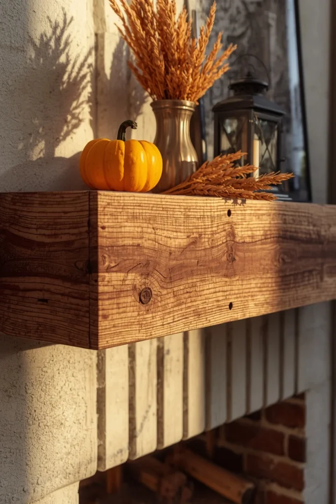  fireplace mantel, featuring a rustic reclaimed barn wood mantel shelf 
