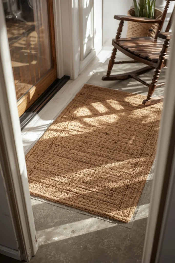  front porch floor, featuring a muted plaid outdoor rug