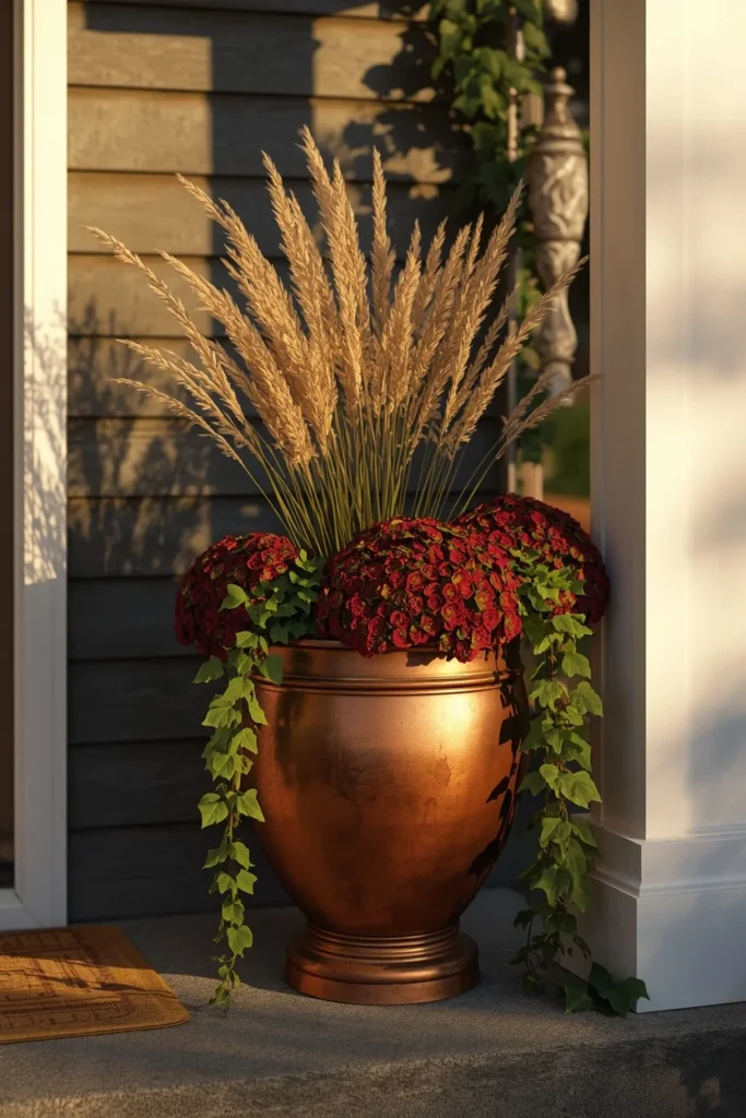 19 Fall Planter Ideas That Bring Instant Curb Appeal 9 front porch, featuring a copper planter filled with burgundy mums, ornamental grasses, and trailing ivy,