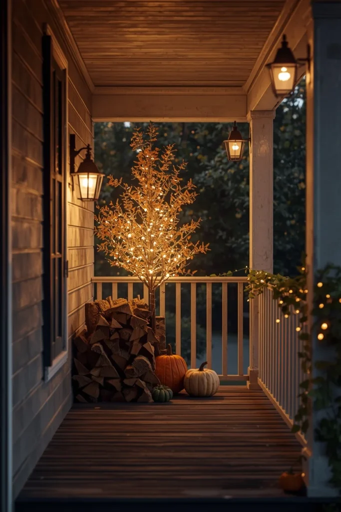 18 Fall Tree Ideas to Decorate Your Home Like a Magazine 9 covered front porch, featuring a waterproof pre-lit fall tree glowing warm white