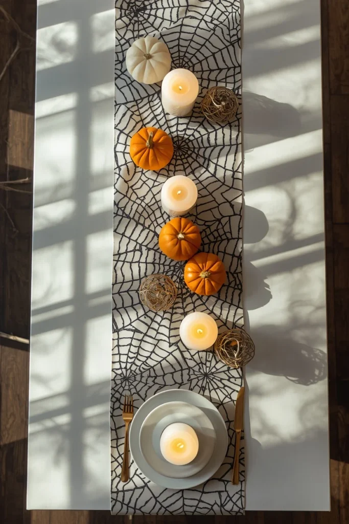  table styling shot, featuring a subtle black spiderweb-patterned table runner